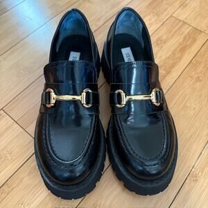 STEVE MADDEN Lawrence Black Leather Platform Slip On Loafers Gold Horsebit US 8M